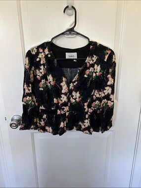 ba&sh Black Floral V-Neck Peplum Cropped Blouse with 3/4 sleeves